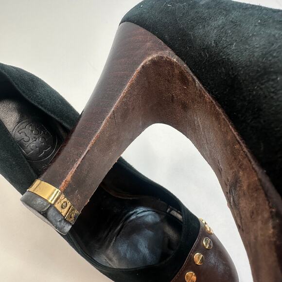 Tory Burch Black Leather Cap Toe Studded Platform Pumps - Picture 7 of 9